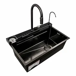 Кухонна мийка 75x45D PVD чорна Platinum Handmade Водоспад декор, Decor - мініатюра 7