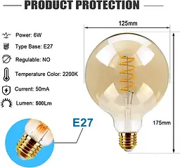 Вінтажна світлодіодна лампа EXTRASTAR, E27 Edison Screw 6W (еквівалент 42 Вт) G125 Великі глобусні світлодіодні спіральні лампи - мініатюра 2