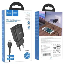 МЗП Hoco C88A Star round 2.4A (2USB-A) + кабель USB to MicroUSB Чорний - мініатюра 3