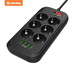 Фільтр мережевий 2 м ColorWay, Black, 6 x євророзетки, 4 x USB до 3.4 A (Super Charge), дріт з міді (до 2500 Вт), 10A, захисні шторки, 312 x 190 x 50 мм (CW-CHE64B) - мініатюра 2