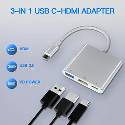 USB Type-C хаб 3в1 з HDMI 4K 60Hz, USB 3.0 та підтримкою зарядки 100W - мініатюра 3
