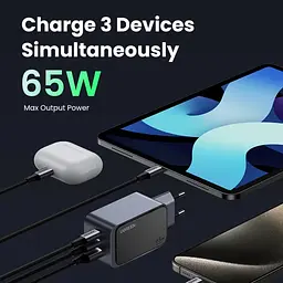 Зарядний пристрій 3xUSB 65W (2xUSB-C+USB-A) Gan Nexode Fast Charger Сірий X553 Ugreen - мініатюра 4