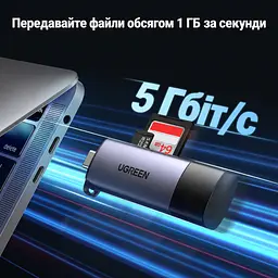 Кардридер UGREEN CM185 зі штекерами USB-A та USB-C для одночасного читання SD і microSD інтерфейс USB 3.0 до 5 Гбіт/с передавання даних із карт приблизно 100 МБ/с для смартфонів і планшетів із USB-C та підтримкою OTG без драйверів для Windows macOS і Linux сумісний також із ChromeOS та iPad із USB-C із пружинним виштовхуванням microSD з ремінцем для носіння темно-сірий (50706) - мініатюра 5