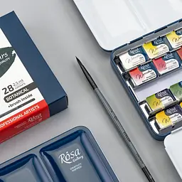 Набір акварельних фарб з пензлем Botanical 28×2,5 мл кювета Індіго металевий пенал ROSA Gallery (4823098544791) - мініатюра 6