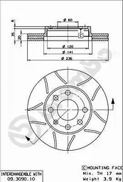 Диск гальмівний вентильований Daewoo Ланос, Nexia, Racer 86-25р Brembo (09.3090.75) - мініатюра 2