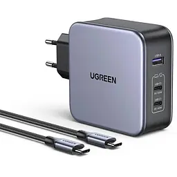Зарядний пристрій 3xUSB 140W 2хUSB-C+USB-A Gan CD289 with C to C Cable 1.5 м Gray Ugreen - мініатюра 3