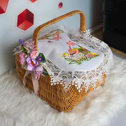 Вишита серветка на пасхальний кошик з ажурним мереживом 40х60 см №27, Kitchen Master Білий 86051 - мініатюра 3
