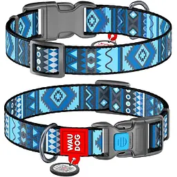 Нашийник для собак Waudog Nylon нейлоновий c QR паспортом, малюнок Етно синій, пластиковий фастекс, S, Ш 15 мм, Дов 23-35 см