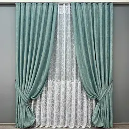 Комплект штор с тюлем VR-Textil Жаккард Мрамор, бирюзовый с белым, 2 шторы 100×270 см + тюль 300×270 см, арт. 71-185/1