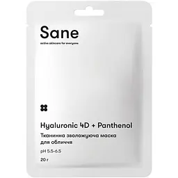Маска для обличчя Sane з гіалуроновою кислотою та пантенолом тканинна зволожуюча 20 г