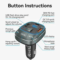 Автомобільний FM-трансміттер Vention PD 54W 3-Port USB (C+A+A) LED/USB Flash/Bluetooth, вольтметр - мініатюра 8