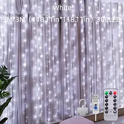 Гірлянда завіса штора 3*3м 300LED USB c пультом 8 режимів для прикрас вікон і тераси, холодний білий - мініатюра 3