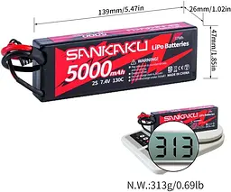 Акумулятор SANKAKU 130C 5000 мАг Lipo 2S 7,4 В, жорсткий, з роз'ємом Deans T для радіокерованих баггі, автомобілів, вантажівок - мініатюра 2