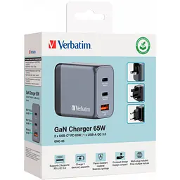 Зарядний пристрій Verbatim GaN 65 Вт, 3 порти (2xUSB-C 65 Вт / USB-A 3.0) (32201) - мініатюра 10