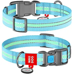 Нашийник для собак Waudog Nylon, світловідбивний, світлонакопичуючий, з QR паспортом, пластиковий фастекс, XL, 35-58х2,5 см, блакитний - мініатюра 3