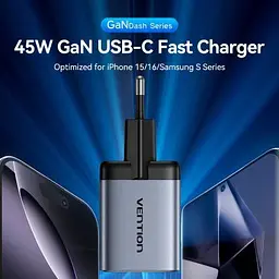 Зарядний пристрій Vention 2xUSB-C PD45W GaN gray (FCDH0-EU) - мініатюра 2