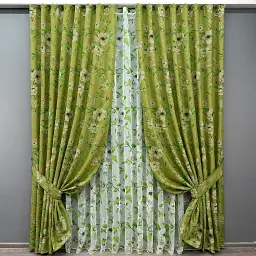 Комплект штор с тюлем VR-Textil Лен Прованс, оливковый с белым, 2 шторы 100×265 см + тюль 300×265 см, арт. 71-106/1