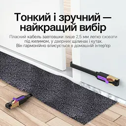 Плоский мережевий патч-корд Cat.7 Vention 10 м розмір плоского кабелю 2,5 × 8,2 мм Ethernet-кабель RJ45 8P8C з обох кінців швидкість передавання даних до 10 Гбіт/с екранування алюмінієвою фольгою смуга пропускання 600 МГц чорний із фіолетовими та золотистими акцентами (ICABL) - мініатюра 3