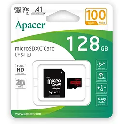 Карта пам'яті microSDXC, 128Gb, Apacer R100, Class10 UHS-I U1 V10 A1, SD адаптер, до 100 МБ/с (AP128GMCSX10UB-R)