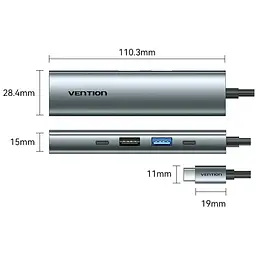 Док-станція USB3.0 Type-C --> HDMI 4K30Hz /USB 3.0/USB 2.0/Type-C 2.0/ PD 100W Hub 5-in-1 Vention - мініатюра 2