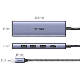 Док-станція USB3.0 Type-C --> HDMI 4K30Hz/3xUSB-А 3.0/Type-C/PD 100W 6-in-1 CM511 Ugreen - мініатюра 2