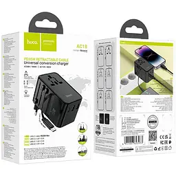 Мережевий фільтр HOCO AC18A на 1 розетку + 2 USB + USB-C, 35W, кабель 1.5 м, 220В, Black, Box - мініатюра 4