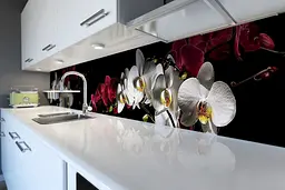 Кухонний фартух Соковиті Орхідеї ПВХ наклейка квіти білі червоні на Чорному тлі 60х300 см Happy Pocket Z180471