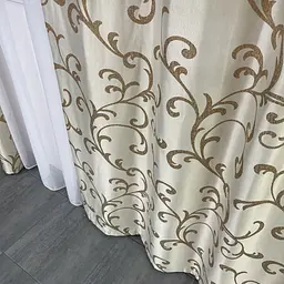 Жакардові штори "вензель" золотистого кольору 2шт. 150х270 з білим шифоновим тюлем 400х270, на тасьмі ALBO pbe0052765 - мініатюра 6