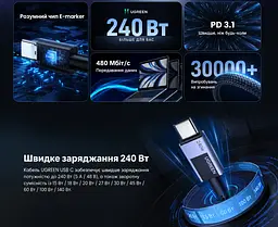 Кабель UGREEN L513 USB-C - USB-C PD 3.1 240 Вт 1 м чорний (45067) - мініатюра 2