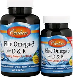 Омега 3 + вітамін Д3 і вітамін К Carlson Omega-3 Plus D & K 60+30 капс