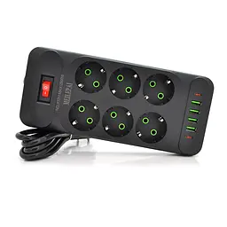 Мережевий фільтр F33U, 6 розеток EU + 4 USB + 2 PD, кнопка включення з індикатором, 2 м, 3х0,75 мм, 2500W, Black, Box