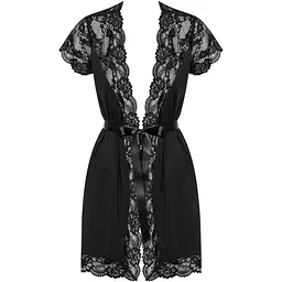 Сатиновий відкритий пеньюар на поясі Obsessive 810-PEI-1 peignoir Black S/M, чорний