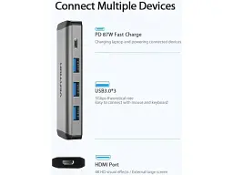USB-хаб Vention Type-C to HDMI/USB3.0х3/PD 0.15m Gray (CNBHB) - мініатюра 2