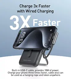 УМБ Choetech Magnetic Wireless 10000mAh 20W PD USB-C In/Out,Qi-15W,build-in cabel Black (B735-CCBK) - мініатюра 10