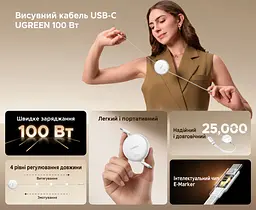 Висувний кабель UGREEN L531 USB-C - USB-C PD 100 Вт 1 м білий (95673) - мініатюра 3
