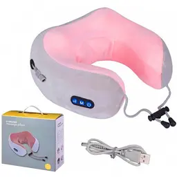 Масажна подушка для шиї U-shaped Massage pillow портативний масажер, вібромасажер для шиї Сіра з Рожевим