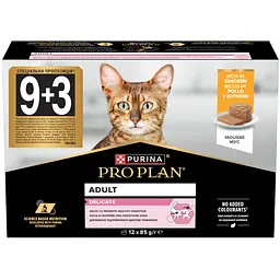 Набір вологий корм Purina Pro Plan для дорослих котів з чутливим травленням, мус з куркою 12х85 г