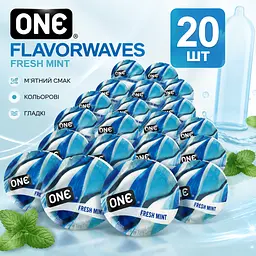 Презервативи ONE FlavorWaves Fresh Mint 20 ШТ, ароматизовані гладкі латексні зі смаком м’яти, кольорові, змащені