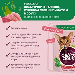 Вологий корм для котів Delickcious Шматочки з качкою, курячим філе і шпинатом в соусі 85 г - мініатюра 4
