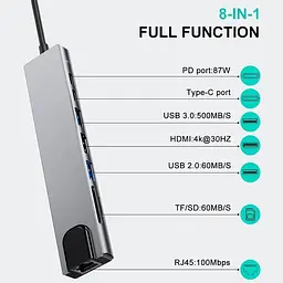 Хаб USB type C HUB 8 in 1 PD100W 4K 30 Гц RJ45 USB 3.0 10 Гб/с - мініатюра 2
