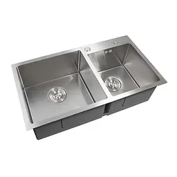 Кухонна мийка 78x43 нержавійка на дві чаші Platinum Handmade (круглий сифон, 3.0/0.8), Нержавіюча сталь - мініатюра 2