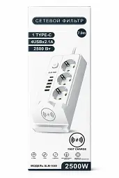 Мережевий фільтр SLM-1080 7 м 2500W з 3 розетками, 4 USB, USB-C та бездротовою зарядкою, білий - мініатюра 5