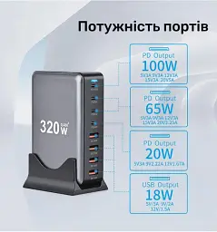 Зарядна станція ILEPO 320W багатопортова на 4 USB + 4 Type-C / мережевий мультизарядний пристрій Black (19026) - мініатюра 3