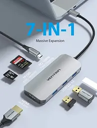 Хаб USB 7-in-1 Grey Type-C 3.2 - 1xType-C (100 Вт) / 3xUSB 3.0 / HDMI 4K / microSD / SD Vention teh0019597 - мініатюра 3