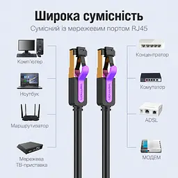 Мережевий патч-корд Ethernet Vention 3 м штекери RJ45 8P8C на обох кінцях Cat.7 до 10 Гбіт/с 600 МГц лише за підтримки цієї швидкості портами обох пристроїв у комплекті 2 прозорі пилозахисні ковпачки RJ45 екранування алюмінієвою фольгою та металевим обплетенням чорний із золотистими та фіолетовими акцентами (ICDBI) - мініатюра 4