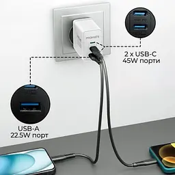 Зарядний пристрій Promate powerport-45 2xUSB-C PD + USB-A QC 45 Вт білий (powerport-45.white) - мініатюра 2