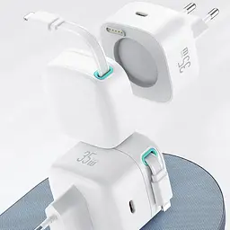 МЗП Usams US-CC209 GaN With Lightning Magnetic Retractable Cable Module XMF Ser. 35W (2USB-C) White - мініатюра 2