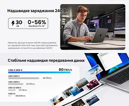 Кабель UGREEN L706 USB-C - USB-C USB4 80 Гбіт/с PD 240 Вт 1 м космічний сірий (65383) - мініатюра 3