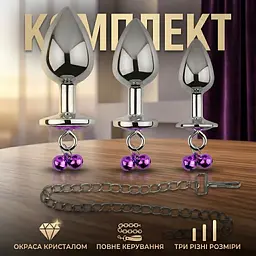 Набір анальних пробок металевих конусних з кристалом 40x90 34x80 27x72 Фіолетовий - мініатюра 2