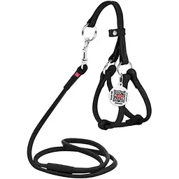 Шлея з повідцем для собак Waudog Glamour, шкіряна, кругла, з QR паспортом, 26-46х30-50х0,6/105 см, чорний (34011)